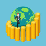 Flat 3d isometric businessman climbing a spiral coin ladder around the world to the top. Global investment and world economic growth concept.